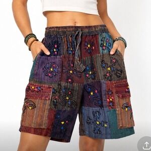 Rhea Handmade Nepal Patchwork Cargo Shorts Multicolor Boho Hippie Women Small